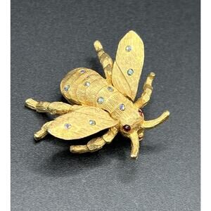 Vintage Bellini Bug Bee Brooch Articulated Figural Gold Tone Rhinestones Wings